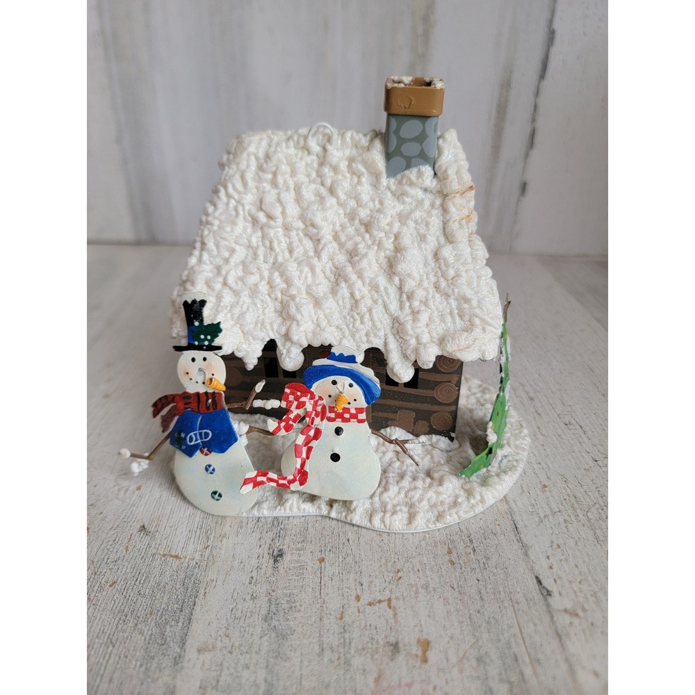 Vintage tin glitter snow house snowman Xmas Xmas home decor tree family